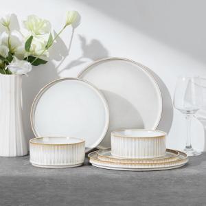 image:imageEfar Stoneware Dinnerware Sets for 2 6Piece Plates and Bowls Sets Chip amp Scratch Resistant Ribbed Dish Set for Home Restaurant Microwave amp Dishwasher Safe Blackish GreenCreamy Beige