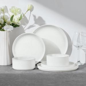 image:imageEfar Stoneware Dinnerware Sets for 2 6Piece Plates and Bowls Sets Chip amp Scratch Resistant Ribbed Dish Set for Home Restaurant Microwave amp Dishwasher Safe Blackish GreenSpeckled White