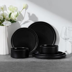 image:imageEfar Stoneware Dinnerware Sets for 2 6Piece Plates and Bowls Sets Chip amp Scratch Resistant Ribbed Dish Set for Home Restaurant Microwave amp Dishwasher Safe Blackish GreenMatte Black
