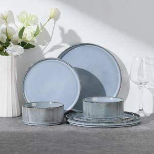 image:imageEfar Stoneware Dinnerware Sets for 2 6Piece Plates and Bowls Sets Chip amp Scratch Resistant Ribbed Dish Set for Home Restaurant Microwave amp Dishwasher Safe Blackish GreenDusty Blue