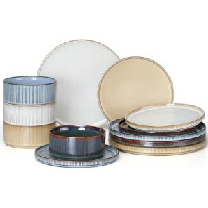 image:imageEfar Stoneware Dinnerware Sets for 2 6Piece Plates and Bowls Sets Chip amp Scratch Resistant Ribbed Dish Set for Home Restaurant Microwave amp Dishwasher Safe Blackish GreenMulticolor