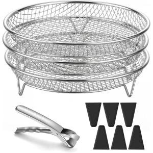 image:imageEfar Air Fryer Rack 77 Square Air Fryer Baskets Accessories 3Tier Stackable Stainless Steel Dehydrator Rack Set for Frying Roasting With Silicon Feet amp Antiscald Clip Oven amp Dishwasher Safe79 inch Round Rack