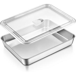 image:imageEfar Mini Lasagna Pan Stainless Steel Rectangular Baking Pan 9x7x2 Inch Sheet Cake Pan Metal Bakeware Toaster Oven Tray for Brownie Casserole Deep Side amp Heavy Duty AntiRust amp Dishwasher Safe122x95 with lid