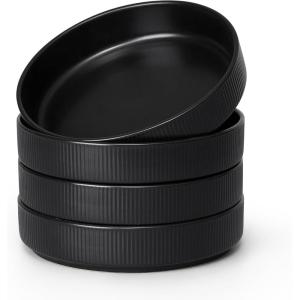 image:imageEfar Pasta Bowls Set of 4 35oz Large Salad Bowl Plate for Dinner Serving Soup Wide amp Shallow Ceramic Stoneware Pasta Plates Microwave amp Dishwasher Safe Reactive Glaze TextureStripe Matte BlackMatte Black