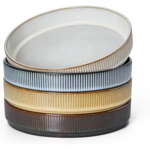 image:imageEfar Pasta Bowls Set of 4 35oz Large Salad Bowl Plate for Dinner Serving Soup Wide amp Shallow Ceramic Stoneware Pasta Plates Microwave amp Dishwasher Safe Reactive Glaze TextureStripe Matte BlackMulticolor