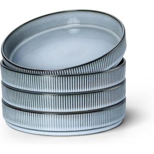 image:imageEfar Pasta Bowls Set of 4 35oz Large Salad Bowl Plate for Dinner Serving Soup Wide amp Shallow Ceramic Stoneware Pasta Plates Microwave amp Dishwasher Safe Reactive Glaze TextureStripe Matte BlackDusty Blue
