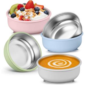 image:imageEfar Stainless Steel Baby Bowls with Suction 4 Pack Removable Colorful Silicone Sleeve Toddlers Kids Bowl NonToxic Snack Container for Baby Food Feeding NonSlip amp Unbreakable Dishwasher Safe