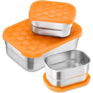image:imageEfar Stainless Steel Lunch Containers for Kids 3Piece 8OZx2 amp 25OZ Bento Box Snack Food Container with Leakproof Silicone Lid Metal Storage for Toddlers Child School Picnic GreenOrange
