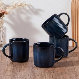 image:imageEfar 12 oz Coffee Mugs Set of 6 Stoneware Coffee Cups with Handle for Man Woman Modern Ribbed Ceramic Tea Mugs for Latte Cocoa Milk Microwave amp Dishwasher Safe Creamy BeigeMidnight Blue