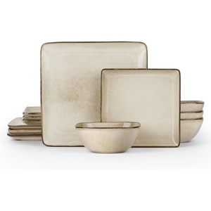 image:imageEfar Square plates and bowls Sets for 4 12Piece Reactive Glaze Stoneware Dinnerware Sets Ceramic Dishes for Kitchen Dining Microwave amp Dishwasher Safe Obsidian GreenSandy Beige