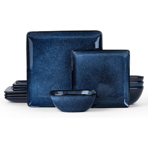 image:imageEfar Square plates and bowls Sets for 4 12Piece Reactive Glaze Stoneware Dinnerware Sets Ceramic Dishes for Kitchen Dining Microwave amp Dishwasher Safe Obsidian GreenDeep Sea Blue