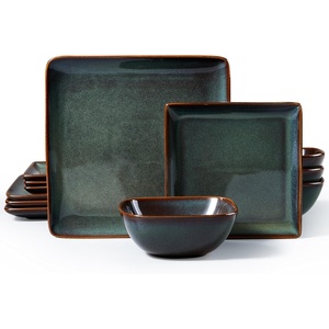 image:imageEfar Square plates and bowls Sets for 4 12Piece Reactive Glaze Stoneware Dinnerware Sets Ceramic Dishes for Kitchen Dining Microwave amp Dishwasher Safe Obsidian GreenObsidian Green