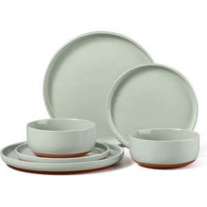 image:imageEfar 6Piece Stoneware Plates and Bowls Sets Dinnerware Sets for 2 Ceramic Dishware Dishes Set with Terracotta Base Chip amp Scratch Resistant Microwave amp Dishwasher Safe Matte BlackSage Green