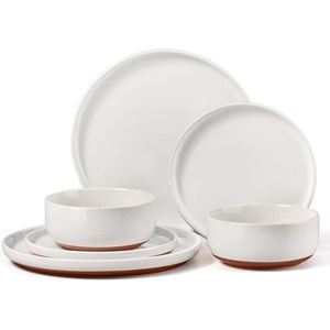 image:imageEfar 6Piece Stoneware Plates and Bowls Sets Dinnerware Sets for 2 Ceramic Dishware Dishes Set with Terracotta Base Chip amp Scratch Resistant Microwave amp Dishwasher Safe Matte BlackWhisper White