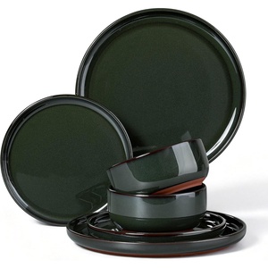 image:imageEfar 6Piece Stoneware Plates and Bowls Sets Dinnerware Sets for 2 Ceramic Dishware Dishes Set with Terracotta Base Chip amp Scratch Resistant Microwave amp Dishwasher Safe Matte BlackBlackish Green