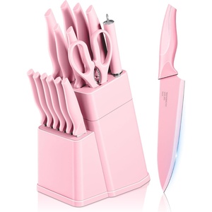 image:imageEfar Knife Set with Block 15 Pieces Kitchen Knife Block Set with Sharpener High Carbon Stainless Steel Sharp Chef Knife Set with Ergonomic Handles Anti Rust WalnutPink