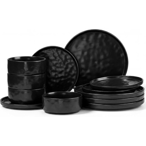 image:imageEfar Stoneware Dinnerware Set 12Piece Plates and Bowls Sets for 4  Modern Dishes for Kitchen Dining Reactive Glazing Ripple Design Chip Resistant Microwave amp Dishwasher Safe Reactive BlueMatte Black