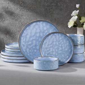 image:imageEfar Stoneware Dinnerware Set 12Piece Plates and Bowls Sets for 4  Modern Dishes for Kitchen Dining Reactive Glazing Ripple Design Chip Resistant Microwave amp Dishwasher Safe Reactive BlueReactive Blue