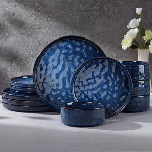 image:imageEfar Stoneware Dinnerware Set 12Piece Plates and Bowls Sets for 4  Modern Dishes for Kitchen Dining Reactive Glazing Ripple Design Chip Resistant Microwave amp Dishwasher Safe Reactive BlueStarry Blue