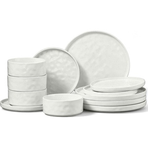 image:imageEfar Stoneware Dinnerware Set 12Piece Plates and Bowls Sets for 4  Modern Dishes for Kitchen Dining Reactive Glazing Ripple Design Chip Resistant Microwave amp Dishwasher Safe Reactive BlueSpeckled White