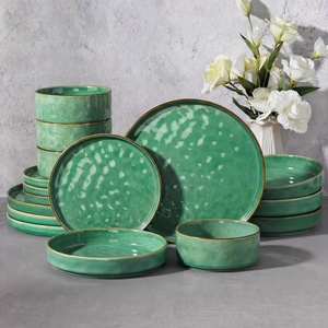 image:imageEfar Stoneware Dinnerware Set 12Piece Plates and Bowls Sets for 4  Modern Dishes for Kitchen Dining Reactive Glazing Ripple Design Chip Resistant Microwave amp Dishwasher Safe Reactive BlueReactive Green