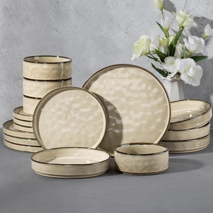image:imageEfar Stoneware Dinnerware Set 12Piece Plates and Bowls Sets for 4  Modern Dishes for Kitchen Dining Reactive Glazing Ripple Design Chip Resistant Microwave amp Dishwasher Safe Reactive BlueSandy Khaki