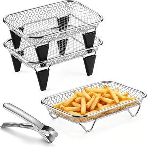 image:imageEfar Air Fryer Racks 77x53 Rectangle Dual Basket Air Fryer Accessories 3Tier Stackable Stainless Steel Cooking Rack Set for Frying Roasting WSilicon Feet amp Antiscald Clip Dishwasher Safe77x53 inch Rectangle Rack