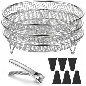 image:imageEfar Air Fryer Racks 77x53 Rectangle Dual Basket Air Fryer Accessories 3Tier Stackable Stainless Steel Cooking Rack Set for Frying Roasting WSilicon Feet amp Antiscald Clip Dishwasher Safe79 inch Round Rack