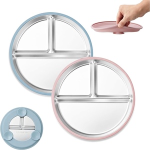 image:imageEfar Stainless Steel Toddler Suction Plates 2 Pack for Baby  3Section Divided Kids Plates amp Removable Silicone Suction Sleeves Unbreakable Stainless Steel Dishwasher SafeBluePink